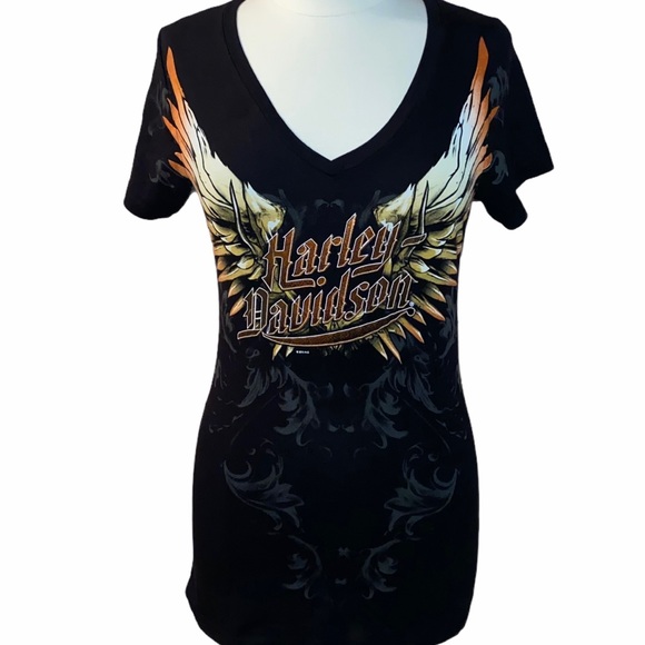 Harley-Davidson Tops - Harley Davidson Black Wing Graphic Bling Logo Tee